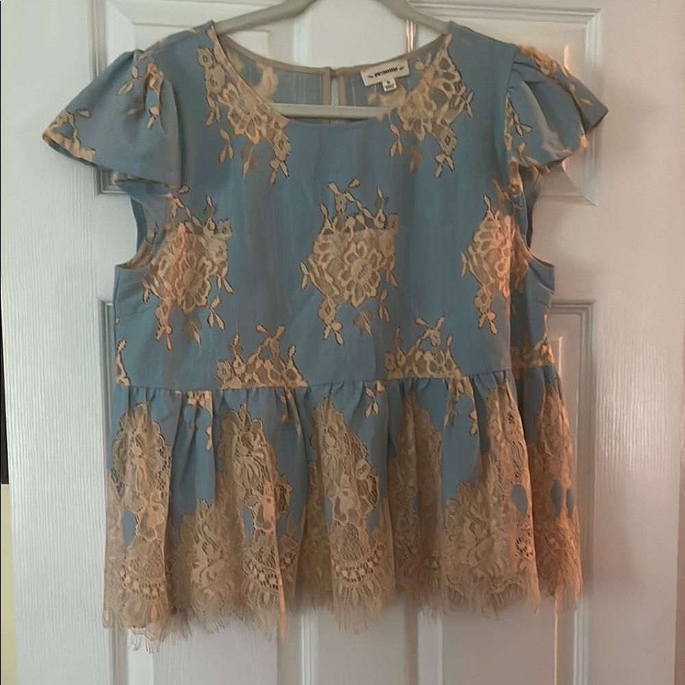 Blue and Cream Peplum Blouse with Lace Detail
